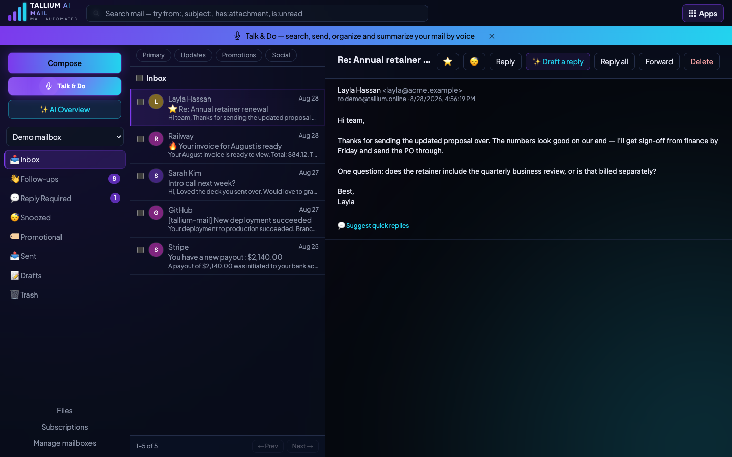 Tallium AI Mail desktop screenshot